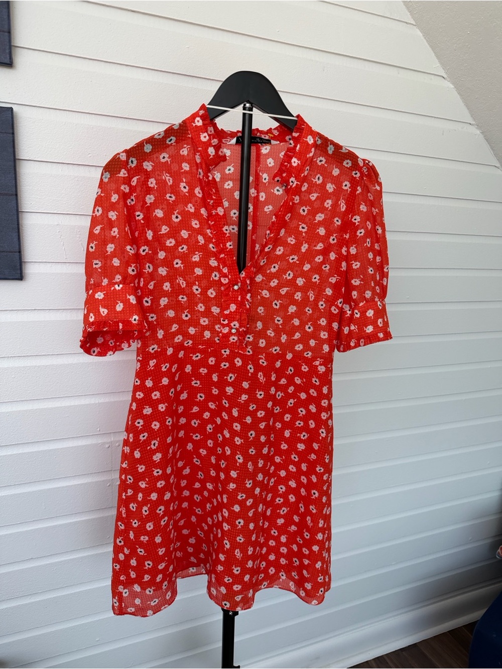Zara Orange/Red Floral Mini Dress Puff Sleeve Ruffle Ditsy Floral Cottagecore